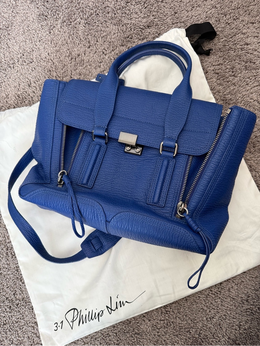 3.1 Phillip Lim Coby Blue Medium Pashli-Style Pebbled Leather Satchel